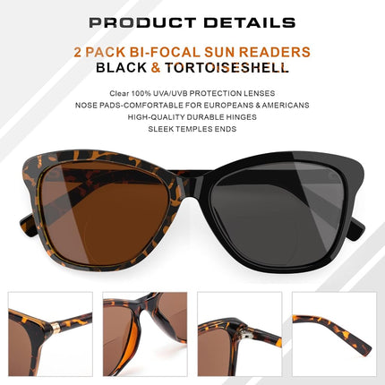 SKYOLUY Premium Bifocal Reading Sunglasses for Women, Retro Cateye Sun Readers UV400 Protection, Classic Shades Black & Tortoise (1 Black & 1 Tortoise, 2.75)