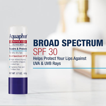 Aquaphor Lip Repair Stick with Sunscreen, Lip Protectant, Soothes Dry Chapped Lips, 0.17 oz Stick (Pack of 4)