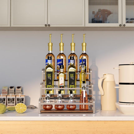 3-Tier Coffee Syrup Rack for Countertop, Large Capacity 12-Bottles Syrup Stand with Wood Shelf & Metal Frame for Coffee Bar, Premium Grey Coffee Organizer Station/Wine Rack for Kitchen Storage