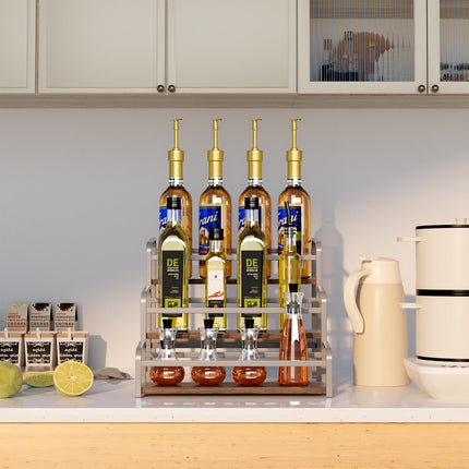 3-Tier Coffee Syrup Rack for Countertop, Large Capacity 12-Bottles Syrup Stand with Wood Shelf & Metal Frame for Coffee Bar, Premium Grey Coffee Organizer Station/Wine Rack for Kitchen Storage