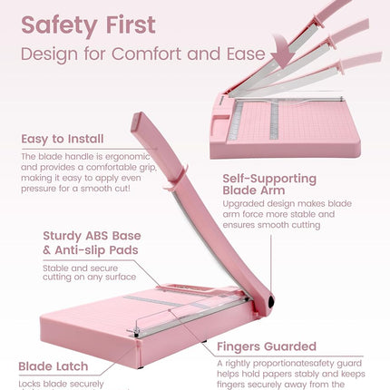 Paper Trimmer, 12" Cutting Length Heavy Duty Paper Cutter with Safety Protection and Blade Lock, Paper Cutter 12 Sheets, Cardstock/Laminate (Pink)