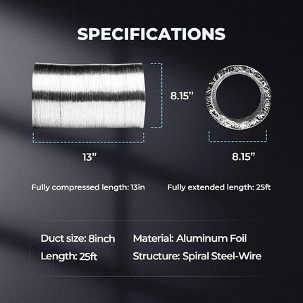 Simple Deluxe 8 Inch 25 Feet, Non-Insulated Flex Air Aluminum Foil Duct for Dryer Vent Hose, Heating, Cooling, Ventilation, Exhaust, 2 Clamps Included, 8" x 25', Silver