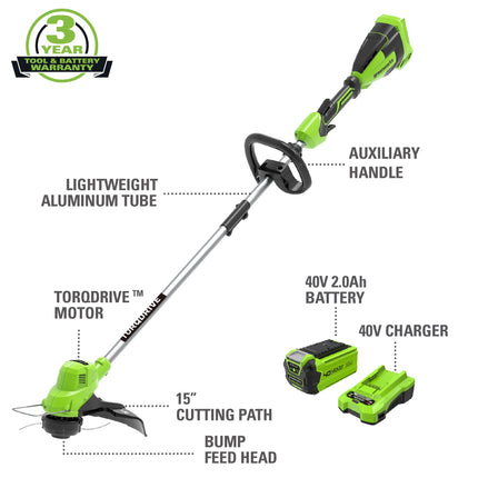 Recortadora de hilo inalámbrica Greenworks 40V de 15", batería de 2.0Ah y cargador incluidos