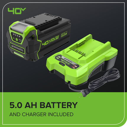Soplador/Aspirador de Hojas Inalámbrico sin Escobillas Greenworks 40V (370.1 km/h / 14.3 m³/min) con Bolsa, Alta Potencia, Ligero y Silencioso para Limpieza de Residuos de Jardín, Incluye Batería de 5.0Ah y Cargador