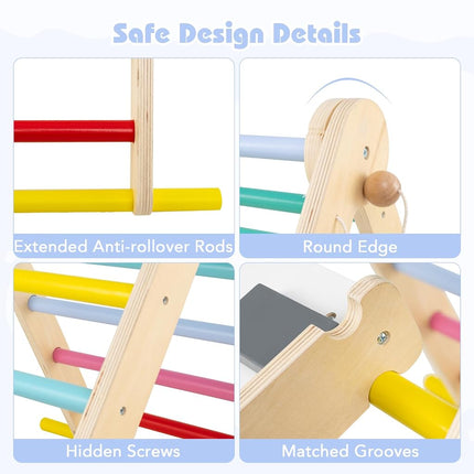 OLAKIDS Pikler Triangle Set 7 in 1 Climbing Toys for Toddlers Foldable Baby Wood Montessori Jungle Gym with Angle Adjustable Ladder Seesaw Ramp Indoor Playground (Colorful)