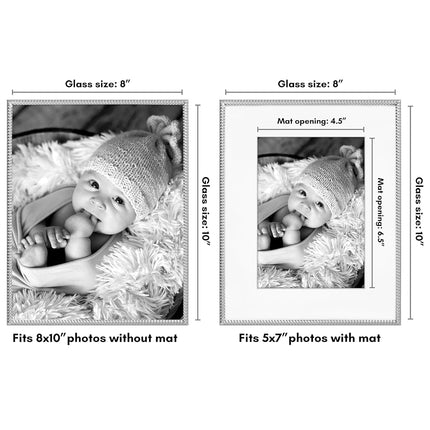 Americanflat 8x10 Picture Frame with Rope-Style Detailing and Shatter-Resistant Glass - Use as 5x7 Frame with Mat or Display 8x10 Photo Without Mat - Metal Picture Frames for Tabletop or Wall - Silver
