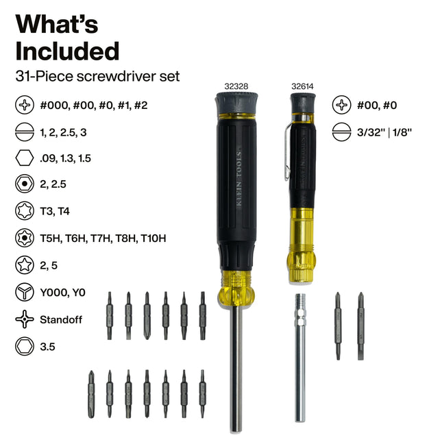 Klein Tools 80209 Precision Multi Bit Screwdriver Set 31 Pieces Padded Handle Bits for Apple Product Repair Phillips Slotted Hex Torx for Electronic Repair