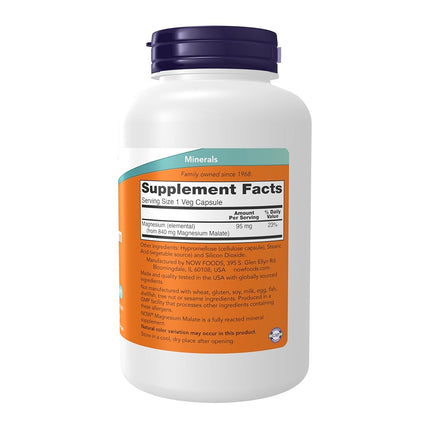 Now Foods Supplements, Magnesium Malate Caps with 95 mg of Elemental Magnesium, Nervous System Support*, 180 Veg Capsules