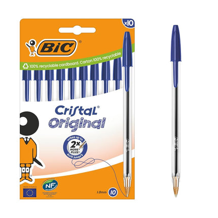 BIC Cristal Original Blue Pens - Medium Point (1.0mm) Ballpoint Biros Pens Multipack - Pack of 10