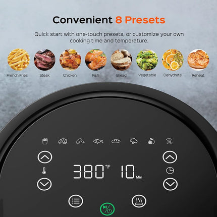 DREO Air Fryer - 100℉ to 450℉, 4 Quart Hot Oven Cooker with 50 Recipes, 9 Cooking Functions on Easy Touch Screen, Preheat, Shake Reminder, 9-in-1 Digital Airfryer, Black, 4L (DR-KAF002)