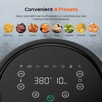 DREO Air Fryer - 100℉ to 450℉, 4 Quart Hot Oven Cooker with 50 Recipes, 9 Cooking Functions on Easy Touch Screen, Preheat, Shake Reminder, 9-in-1 Digital Airfryer, Black, 4L (DR-KAF002)