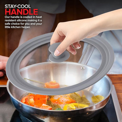 Modern Innovations Universal Lids (Set of 2) Fits 7 to 12-Inch Cookware, Silicone Replacement Pan Lid, Glass Top Covers for Skillets, Pots, Frying Pans, Cast Iron - Grey