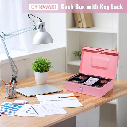 Cash Box with Combination Lock, Money Tin Box with Coin Tray, Lockable Cash Tin for Money Saving Medium 20 * 16 * 9cm Black (Large-Pink1)