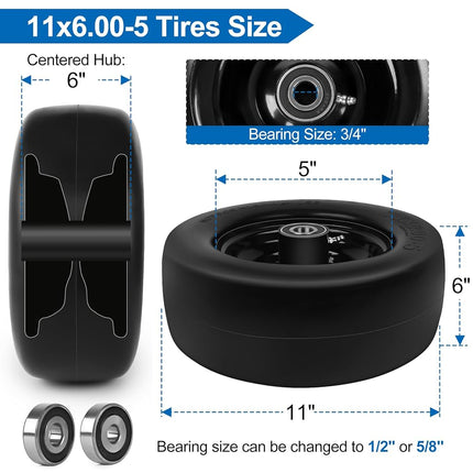 phepetroll 11x6.00-5 Flat Free Lawn Mower Tires and Wheels 3/4" 5/8" 1/2" Ball Bearings, 6"-8" Centered Hub 11x6-5 Zero Turn Mower Front Tires, Smooth Wheels for Commercial Grade Lawn