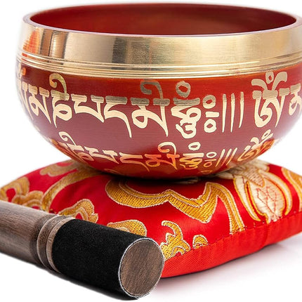 Tibetan Singing Bowl Set - Easy To Play for Beginners - Authentic Handcrafted Mindfulness Meditation Holistic Sound 7 Chakra Healing Gift by Himalayan Bazaar (Crimson)