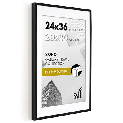 Marco para Póster Americanflat de 24x36 con Plexiglás Pulido - Úsalo como Marco de 20x30 con Paspartú o para Exponer una Foto de 24x36 sin Paspartú - Colección Soho - Marcos de Foto de Moldura Profunda para Pared - Negro