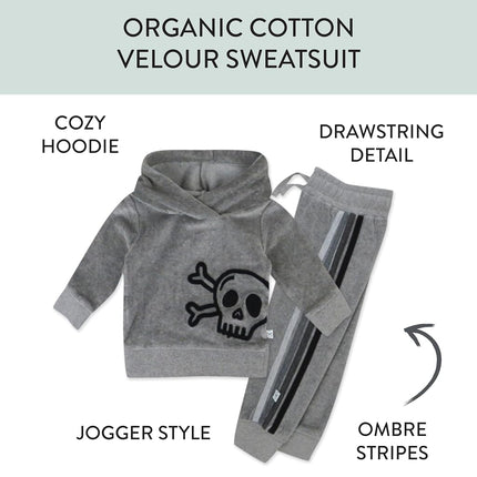 HonestBaby Velour Pullover Hoodie and Zip Front Sweatshirt and Jogger Sweatpants Set Baby, Toddler, Boys, Girls, Unisex, Heather Gray Skull Stripe, 2T, Heather Gray Skull Stripe, 2T