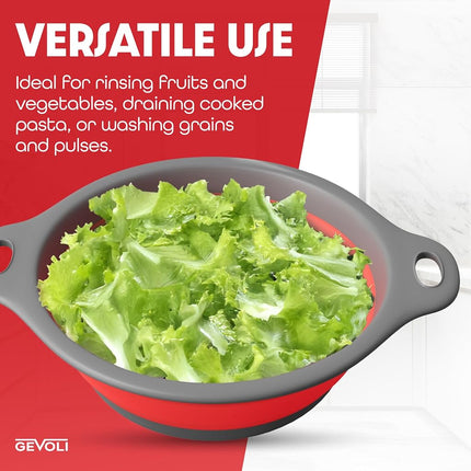 Gevoli Collapsible Colander Food Strainer with Over-Sink Self Draining Base for Pasta Fruits and Vegetables, Round Foldable Draining Basket Grey/Red