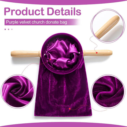 Tioncy Set of 2 Church Tithe Offering Bags with Wooden Handles Church Collection Bag with Handles for Churches Communion Supplies (Purple,13.78 x 5.71 Inch)