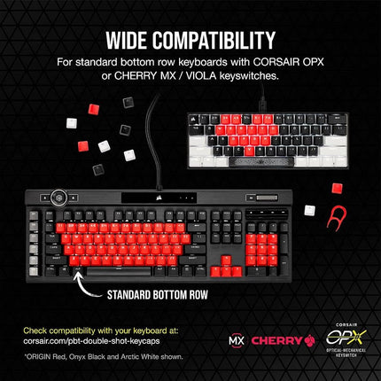 Kit de modification de touches Corsair PBT Double-Shot PRO – Touches PBT double injection – Rouge origine – Rangée inférieure standard – Surface texturée – Parois de 1,5 mm d'épaisseur – Amortisseurs toriques