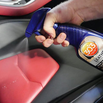 303® Automotive Leather 3-in-1 Complete Care Spray, conditions leather to prevent cracking and fading, strong UV protection, safe for all finished leather and vinyl (30218) 473 ml