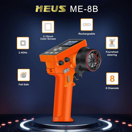 MEUS Racing ME-8B RC Transmitter 8 Channels 2.4GHz and Receiver for 1/8 1/10 1/18 1/24 RC Crawler Car Boat TRX4 TRX4M SCX10 SCX24 Upgrades Parts (Orange)