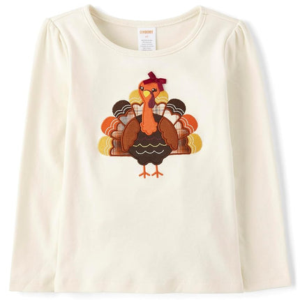 T-shirts à manches longues avec motifs brodés Gymboree pour filles et tout-petits, motif dinde, écru, 12-18 mois