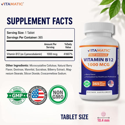 Vitamatic Vitamin B12 1000 mcg Fast Dissolve 365 Tablets - Berry Flavor - Supports Energy Metabolism (2 Bottles)