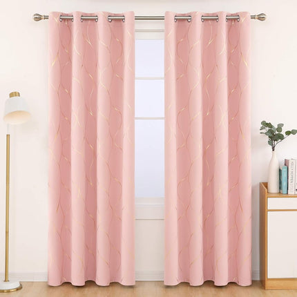 Deconovo Gold Wave Foil Print Blackout Curtains Grommet Light Blocking Room Darkening Curtain Noise Reducing Window Drapes for Living Room 52W x 84L Inch Set of 2 Panels Coral Pink