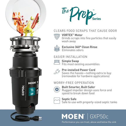 Broyeur d'évier à alimentation continue Moen GXP50C GX Prep Series PRO 1/2 CV, cordon d'alimentation inclus ou non, 5,375 x 13,375 x 5,375 pouces