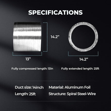 Simple Deluxe 14 Inch 25 Feet Ducting, Non-Insulated Flex Air Aluminum Foil Duct for Dryer Vent Hose, Heating, Cooling, Ventilation, Exhaust, 2 Clamps Included, Silver
