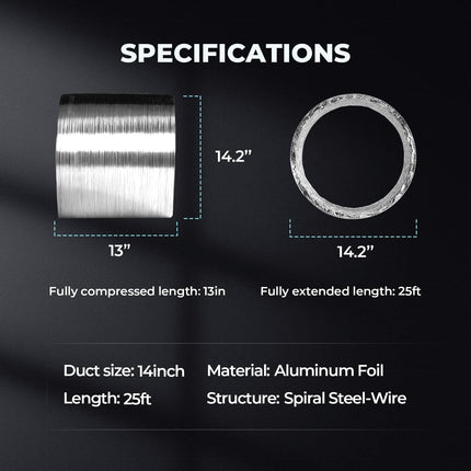 Simple Deluxe 14 Inch 25 Feet Ducting, Non-Insulated Flex Air Aluminum Foil Duct for Dryer Vent Hose, Heating, Cooling, Ventilation, Exhaust, 2 Clamps Included, Silver