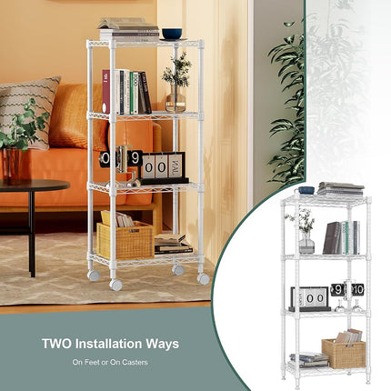 MZG 1000 lbs 4-Shelf Adjustable Heavy Duty Steel Wire Rack, Adjustable Storage Shelving Unit with Wheel for Kitchen, Garage, Laundry White 30x45x103.6cm