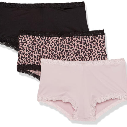 Maidenform Women's Underwear, Microfiber with Lace Boyshort Panties, One Fab Fit, 3-Pack Boy Short, Black/Gloss/Zippy Animal Print, XL (Pack of 3)
