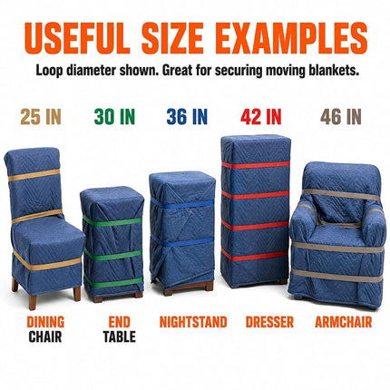 60 Pack Mover Bands – Extra Large Rubber Bands for Moving Blankets, Furniture & Appliances – Heavy-Duty Stretch Bands in 5 Sizes (25", 30", 36", 42", 46")