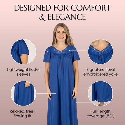 Shadowline Women's Petals 53 Inch Short Flutter Sleeve Long Gown Nightgown, Navy, M