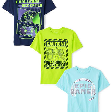 The Children's Place Boys' Short Sleeve Graphic T-Shirt 3-Pack, Challenge/Caution/Epic Gamer 3-Pack, S