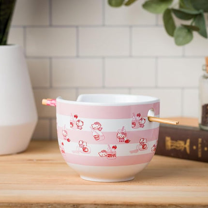 Silver Buffalo Hello Kitty Strawberry Drink Bottle Pink Stripe Ceramic Ramen Noodle Bowl with Chopsticks, Microwave Safe, 20 Ounces