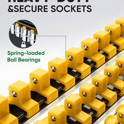ALOANES 9 PC ABS Socket Organizer, 1/2 inch, 3/8 inch and 1/4 inch Drive Socket Rail Holders, Heavy Duty Socket Racks, Black Rails with Yellow Clips