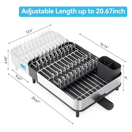 Urackify Foldable Dish Drying Rack, Expandable 304 Stainless Steel Dish Drainer with Removable Cutlery Holder, Space-Saving Dish Rack for Kitchen Counter, Black