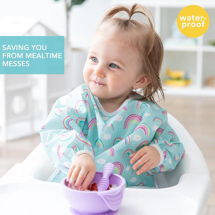 Bumkins Sleeved Bib, Handy Tie Closure for Custom Fit, Catch-All Pocket, Baby-Led Weaning, Waterproof, Machine Washable, Stain & Odour Resistant, BPA Free, 6-24 Months, Rainbow Design