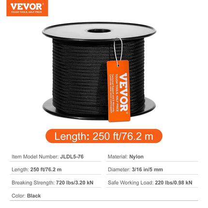 VEVOR Braided Nylon Rope, 3/16 in x 250 ft, 32 Strands, 720 LBS Breaking Strength Outdoor, Arborist Tree Rigging for Rock Hiking Camping ord Swing Rappelling Rescue, Black