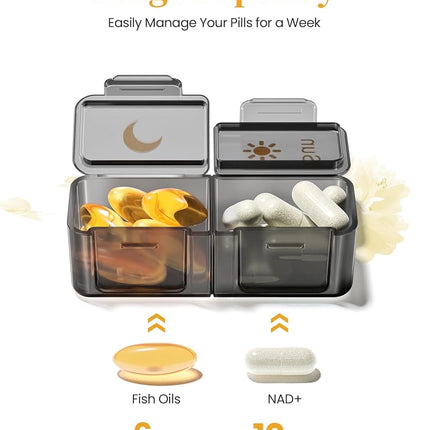 Am Pm Pill Organizer 7 Day, Weekly Pill Box 2 Times a Day, Medicine Pill Organizer with Separate Compartment, Travel Pill Case Dispenser Portable for Vitamins, Fish Oils, Medicines(Black)