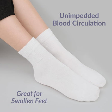HUGH UGOLI Women's Cotton Diabetic Ankle Socks, Wide, Thin, Loose Fit and Stretchy, Seamless Toe & Non Binding Top, 4 Pairs, White, 6-9