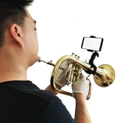 BEIIRLLA Trombone Phone Mount Lyre, Black, Adjustable 360° Rotation, Digital Sheet Music Holder for Low Brass Instruments, 0.78-2.5 Inch Pipe Diameter
