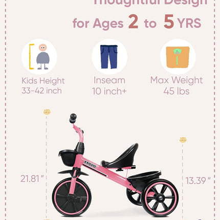 KRIDDO Kids Tricycles Age 24 Month to 5 Years, Toddler Kids Trike for 2.5 to 5 Year Old, Gift Toddler Tricycles for 2-4 Year Olds, Trikes for Toddlers, Pink
