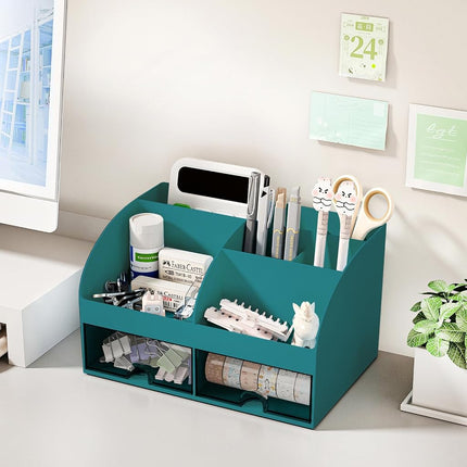 COMFYROOM Desk Organizer with 6 Compartments and 2 Drawers, Plastic Makeup Organizer, Pen Holder for Desktop Storage, Dark Green