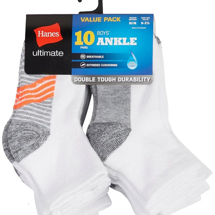 Hanes Ultimate Boys Ankle, 10-Pack White Medium
