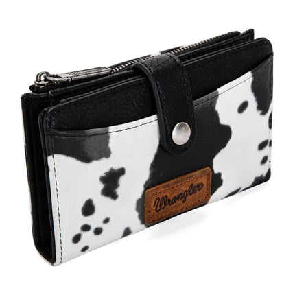 Carteras pequeñas trípticas Wrangler para mujer, de cuero, delgadas, de dos pliegues, mini cartera para dama, tarjetero, organizador de dinero, estampado de vaca negro, 15,24 cm x 10,16 cm x 3,05 cm, elegante