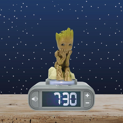 LEXiBOOK, Marvel Guardians of The Galaxy, Groot Nightlight Alarm Clock, Sounds and Melodies, Backlit LCD Screen, Illuminated, Snooze, Grey/Brown, RL800GG